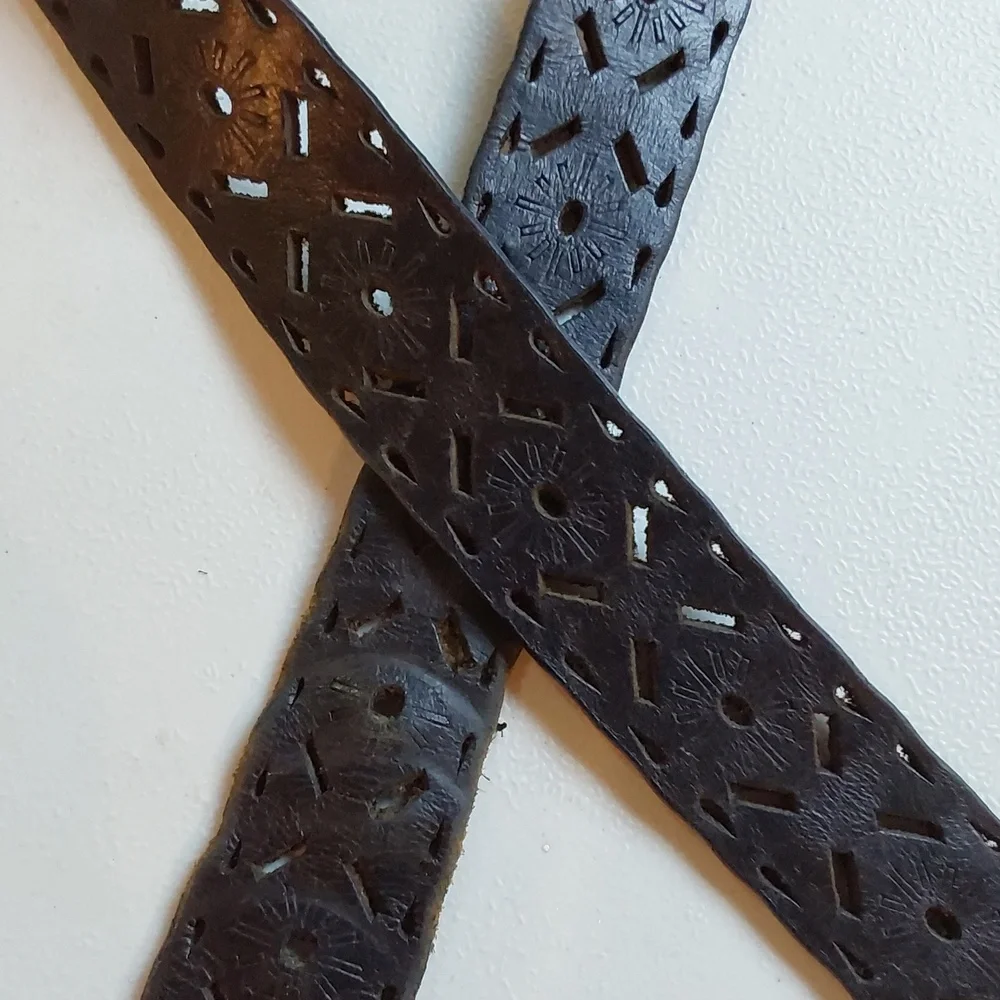 Rolfs | Black Perforated Design Premium Leather Belt Bronze Circle Buckle Sz.XL